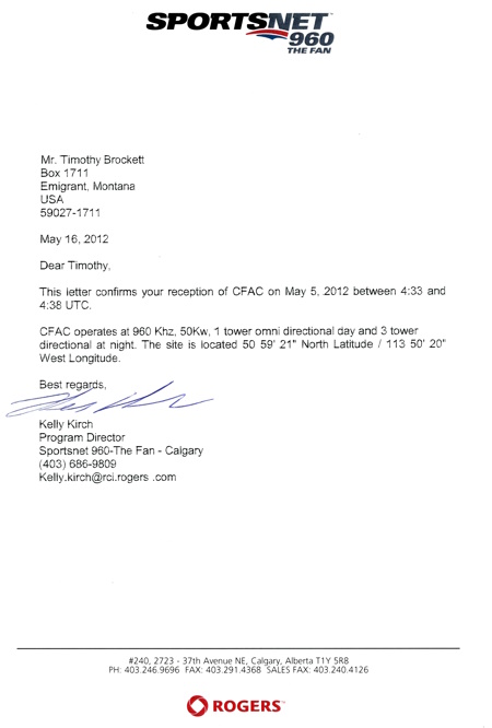 QSL from CFAC in Calgary, Alberta, Canada