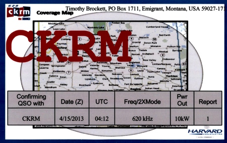 QSL from CKRM in Regina, Saskatchewan, Canada