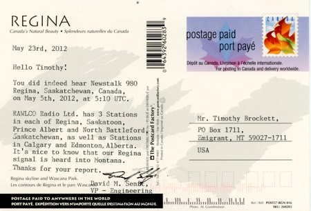 QSL from CJME in Regina, Saskatchewan, Canada