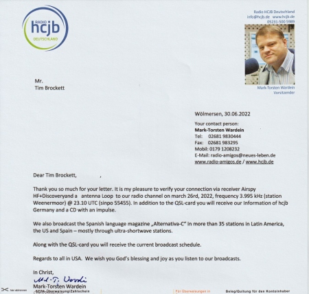 QSL from HCJB in Weenemoor, Germany